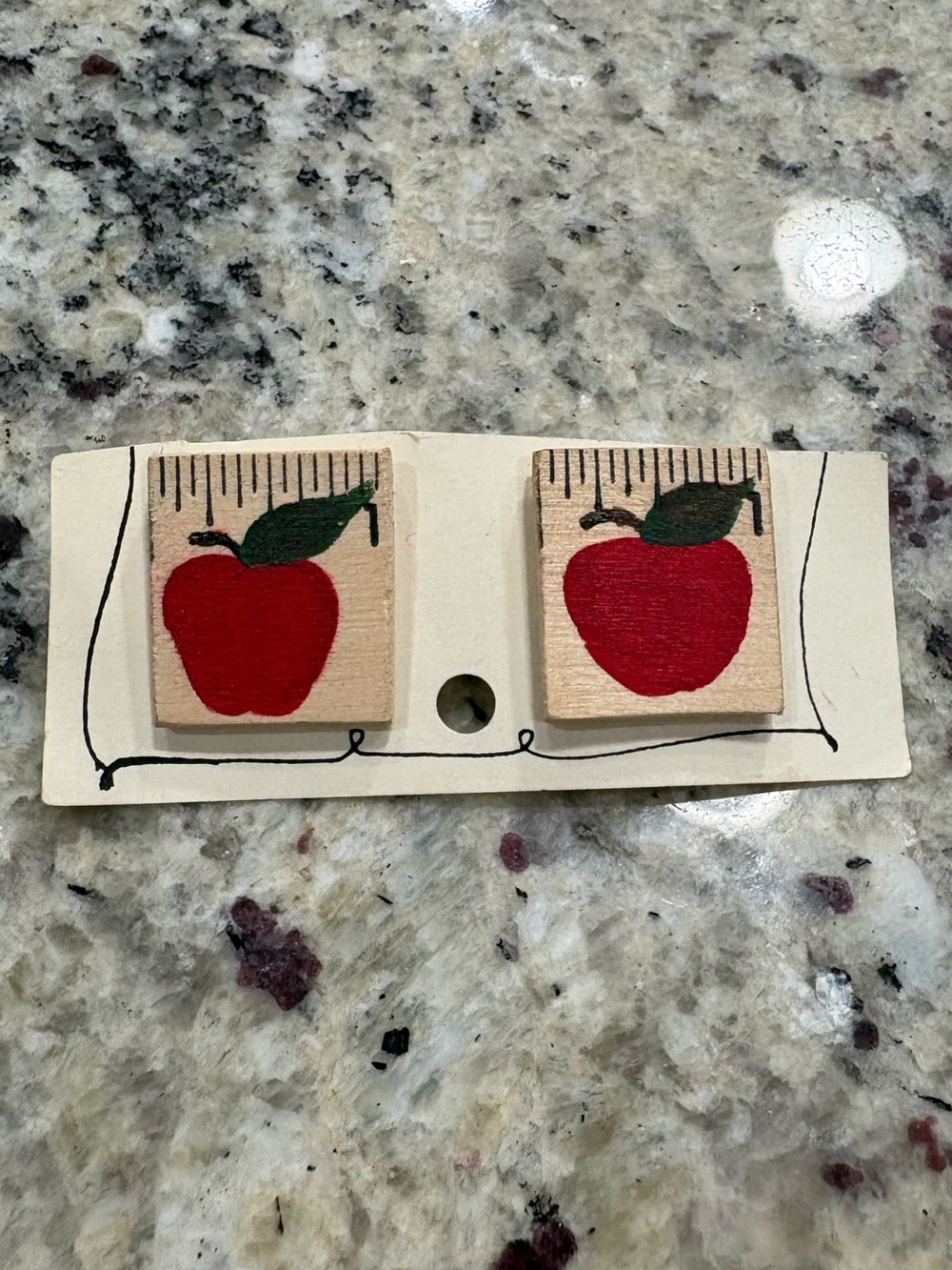 Handmade wooden ruler piece with painted apple stud earrings GUC